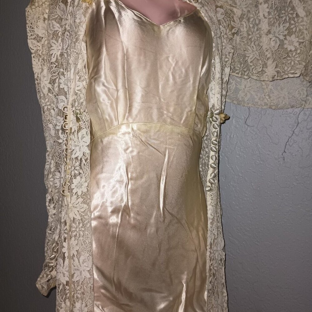 Antique Wedding Dress 1920s Gown Liquid Satin Lace Slip Coat Gown Veil Shell B.